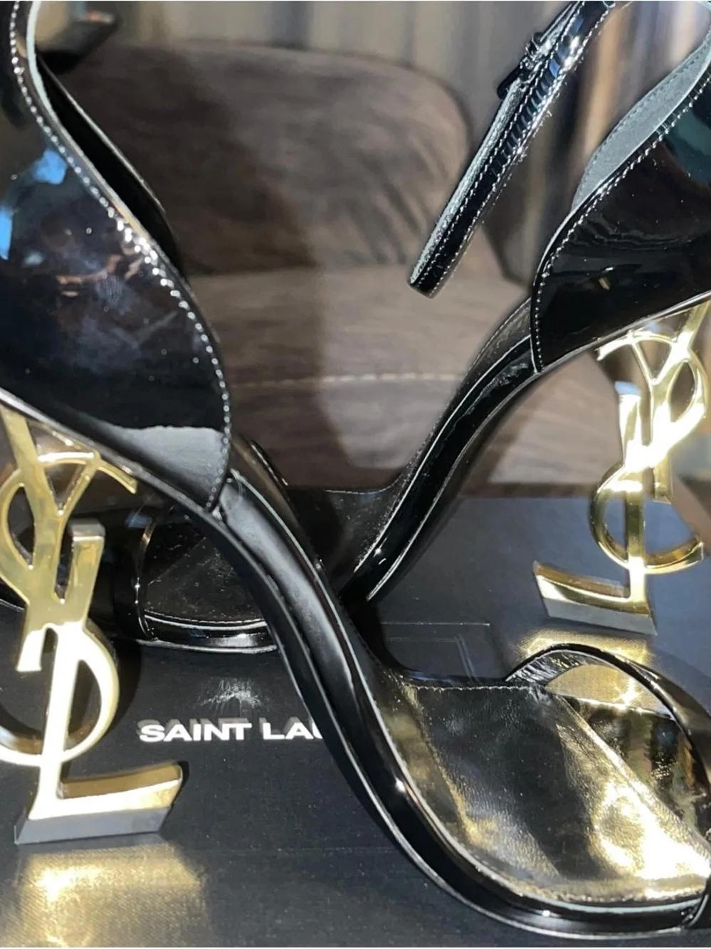 Saint Laurent Patent Black Sandals with Gold YSL Heel